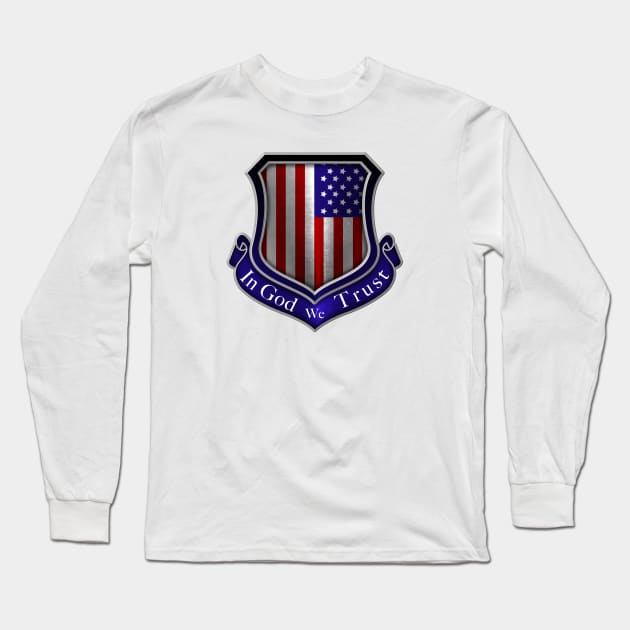 In God We Trust American Flag Shield Long Sleeve T-Shirt by DrewskiDesignz